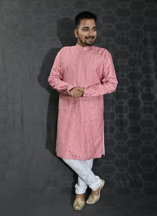 Pink Embroidered, Sequins and Thread Work Cotton Silk Kurta Pyjama