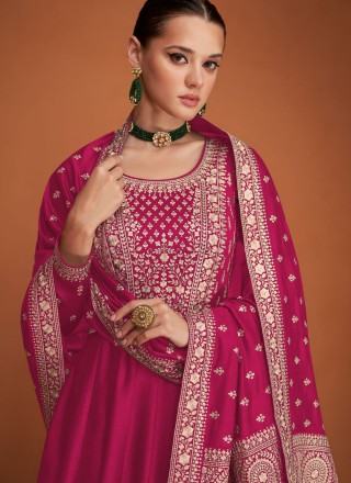 Pink Embroidered Silk Readymade Gown