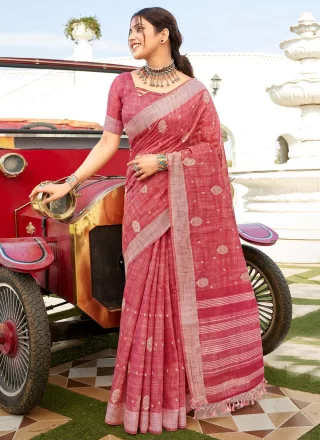 Pink Embroidered Work Cotton Casual Sari