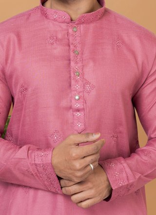 Pink Embroidered Work Poly Cotton Kurta Pyjama