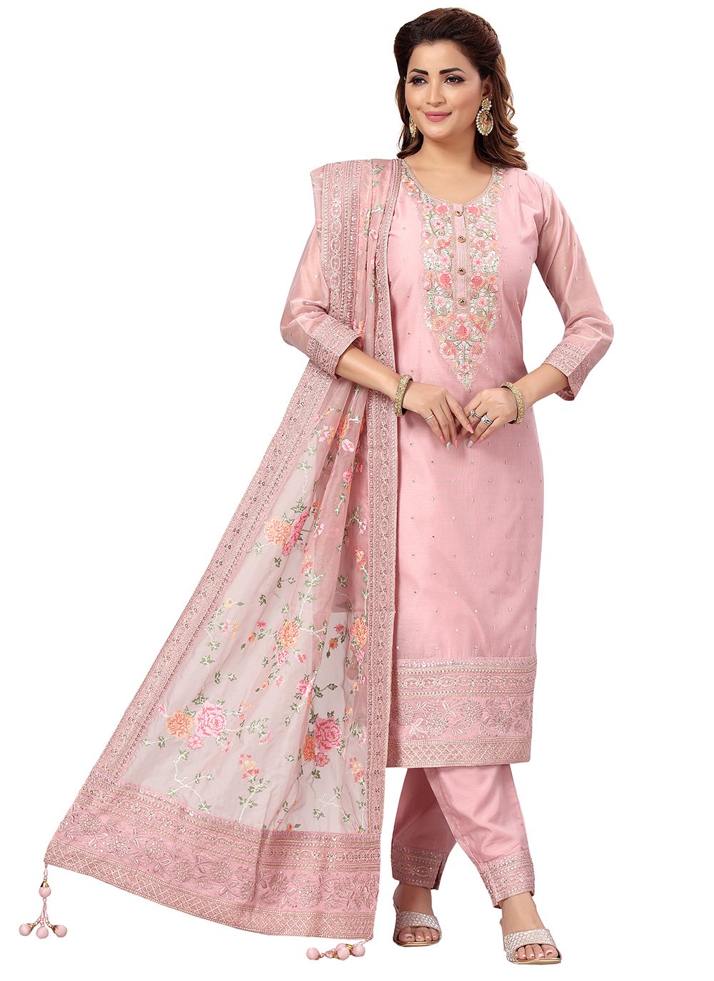 New georgette pink color suit with pure chinnon four side border dupatta.