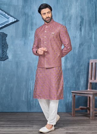 Pink Fancy Fabric Kurta Payjama with Jacket with Embroidered Work for Men
