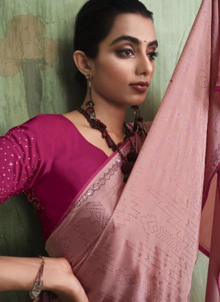Pink Faux Crepe Classic Sari with Fancy and Stone Work for Ceremonial
