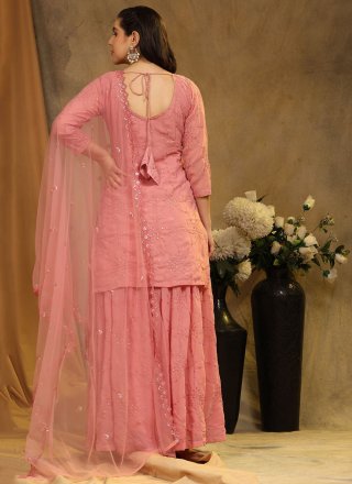 Pink Faux Georgette Embroidered and Sequins Work Palazzo Salwar Suit