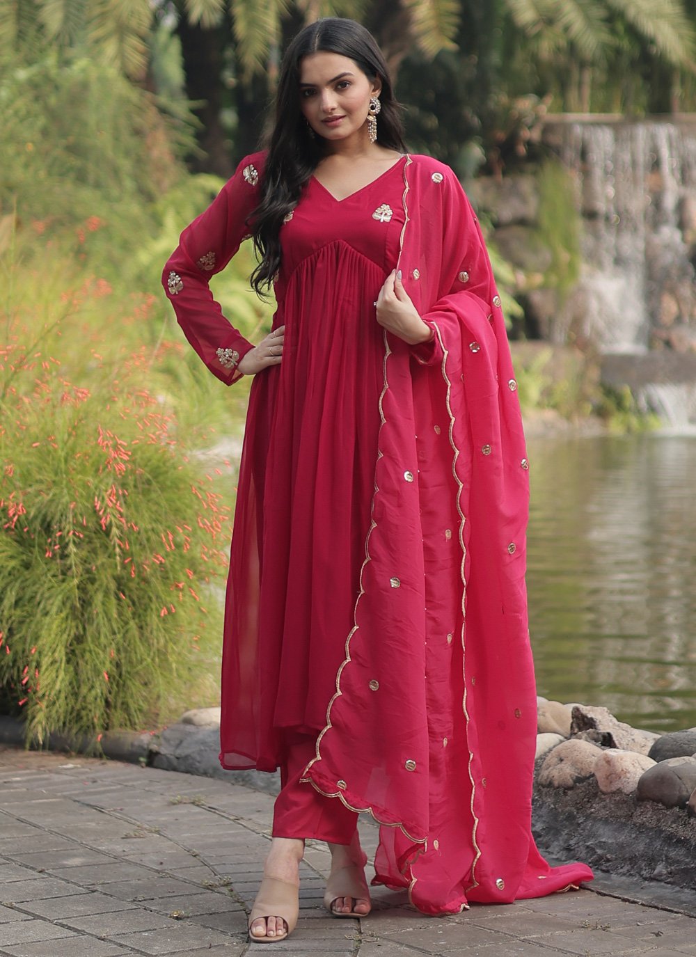 Red Georgette Pant Style Suit With Dupatta