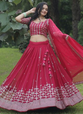 Pink Faux Georgette Lehenga Choli with Embroidered, Sequins and Zari Work