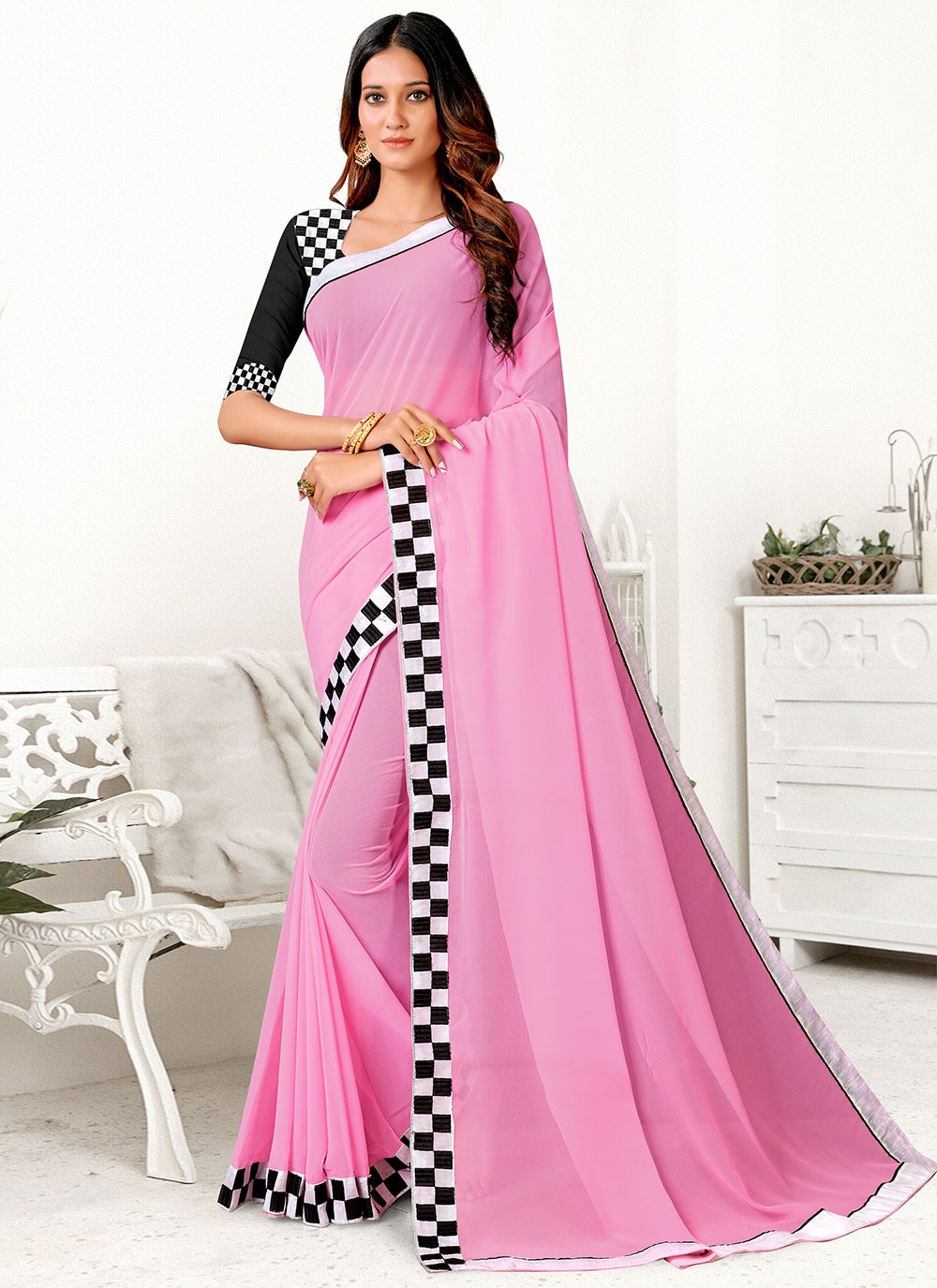 Pink Festival Georgette Contemporary Style Saree