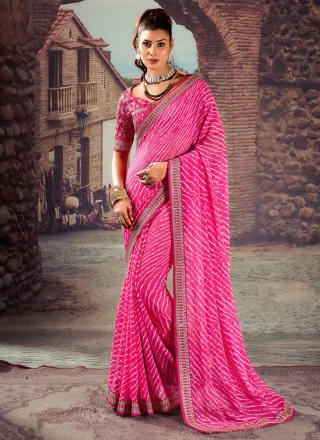 Pink Georgette Casual Sari with Patch Border and Embroidered Work