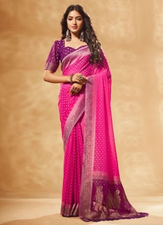 Pink Georgette Designer Sari with Woven Work for Women