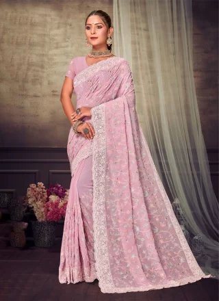 Pink Georgette Embroidered Work Classic Saree