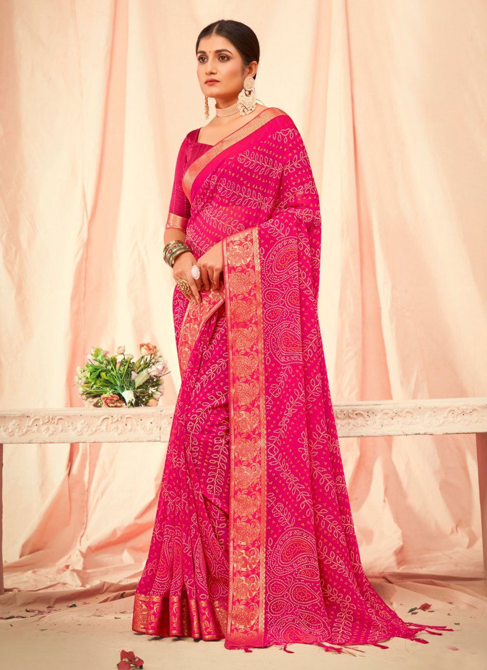 Pink Georgette Patch Border and Print Work Casual Saree for Casual
