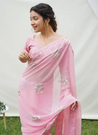 Pink Georgette Patch Border, Embroidered and Sequins Work Classic Saree