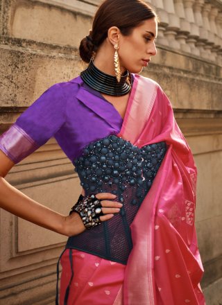 Pink Handloom Silk Weaving Work Contemporary Sari for Women