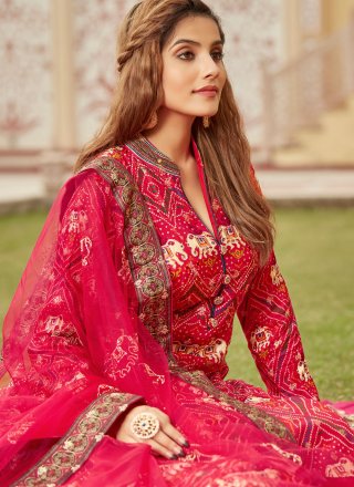 Pink Jacquard Indian Gown with Bandhej Work