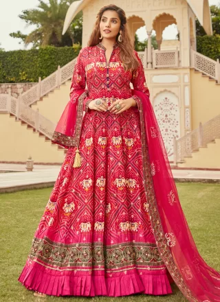 Pink Jacquard Indian Gown with Bandhej Work