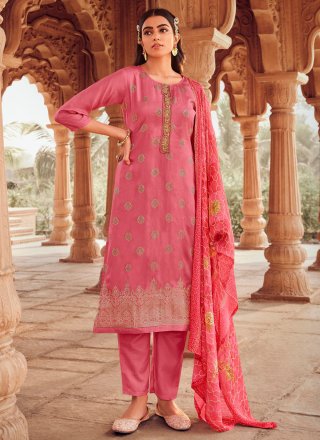 Pink Jacquard Salwar Suit with Embroidered and Jacquard Work