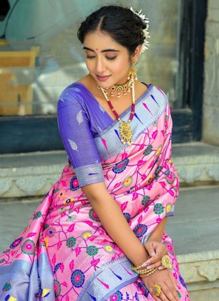 Pink Kanjivaram Silk Meenakari and Woven Work Trendy Saree