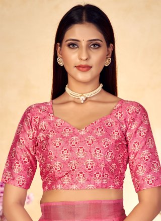 Pink Linen Print Work Contemporary Sari for Ceremonial