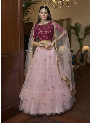 Pink Net Designer A Line Lehenga Choli