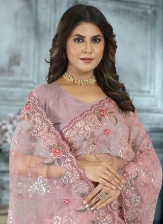 Pink Net Resham Saree