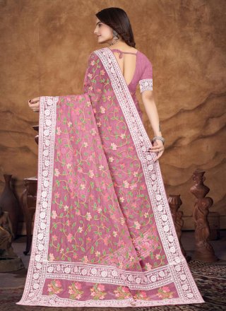 Pink Organza Embroidered and Resham Work Trendy Saree for Women