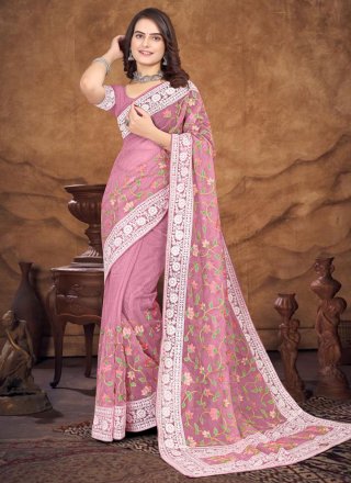 Pink Organza Embroidered and Resham Work Trendy Saree for Women