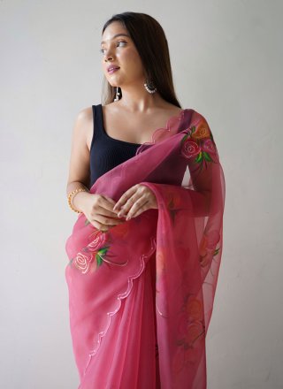 Pink Organza Trendy Saree with Foil Print Work for Women