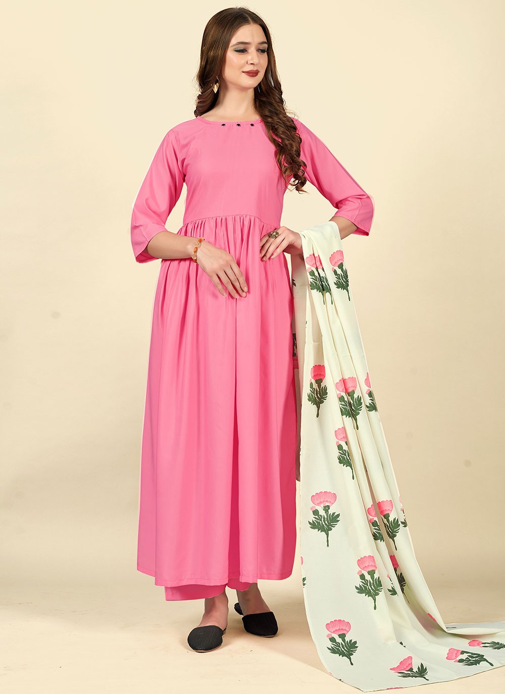 Pink Plain Cotton Anarkali Salwar Kameez