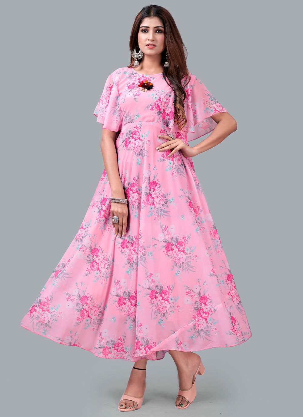 Pink Printed Georgette Readymade Gown