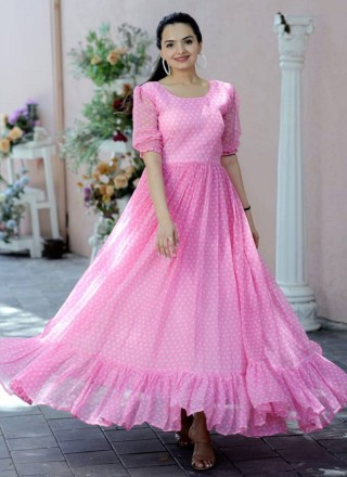Pink Printed Readymade Gown