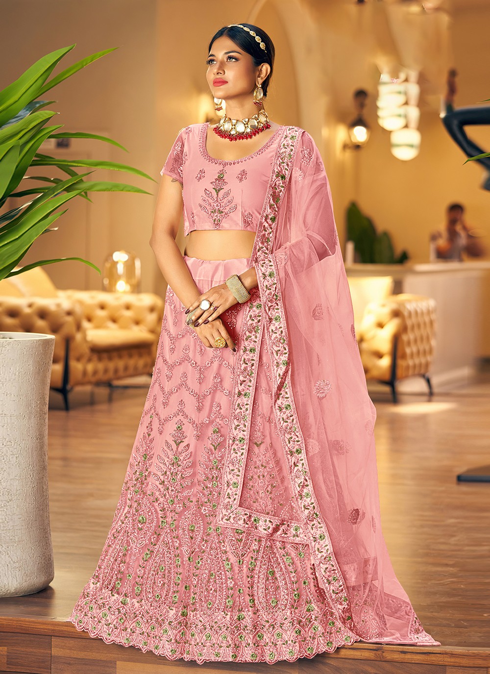 Dusty Pink Lehenga Choli With Designer Koti And Thread With