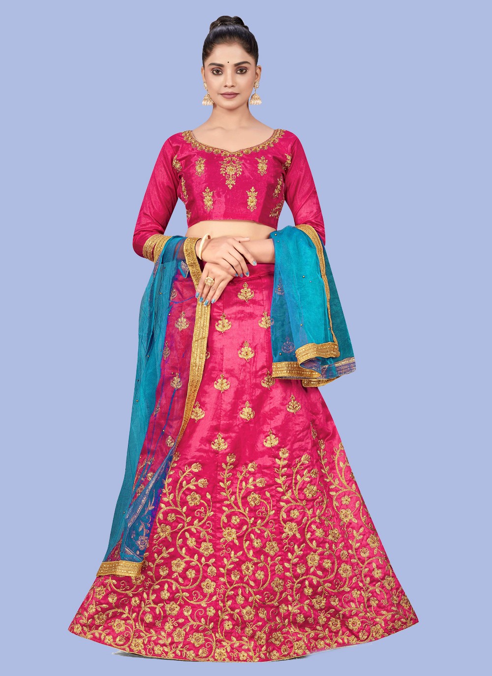 Amazing Sky Blue And Pink Stone Work Booti Work Designer Lehenga Choli. buy  online shopping lehenga choli at -Hyderabad.