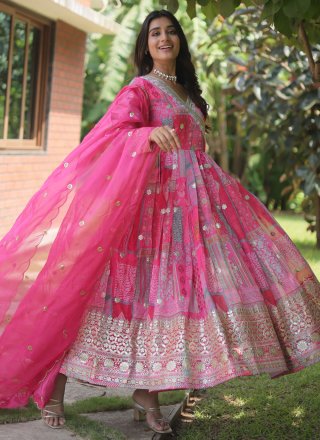 Pink Silk Digital Print and Embroidered Work  Designer Gown for Ceremonial