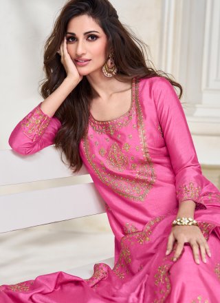Pink Silk Embroidered and Resham Work Pant Style Suit