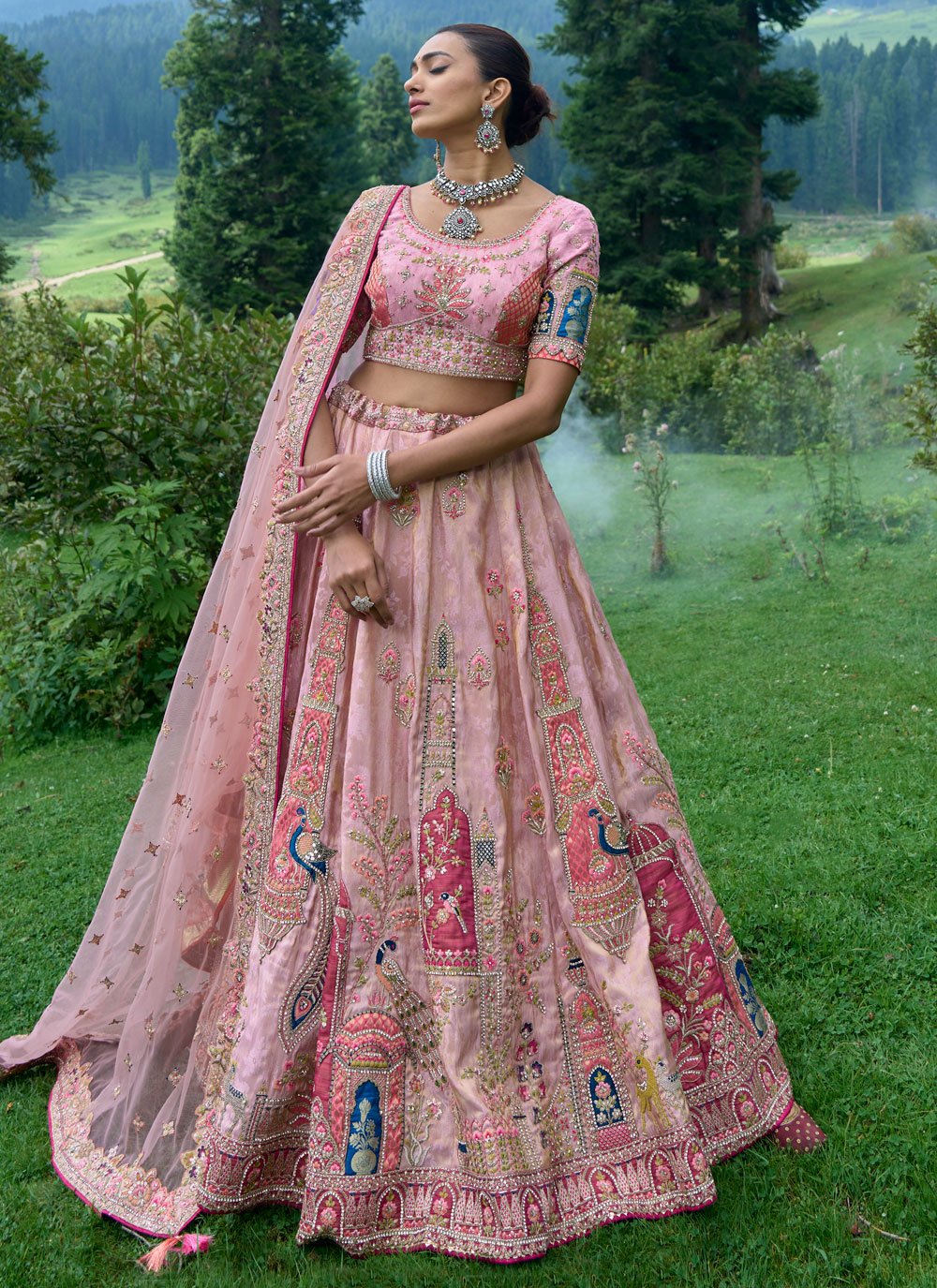 Pink Silk Embroidered, Resham and Zari Work Lehenga Choli for Engagement
