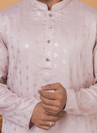 Pink Silk Kurta Pyjama with Embroidered and Sequins Work for Men