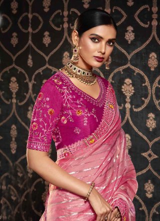 Pink Silk Patch Border and Embroidered Work Designer Saree for Women