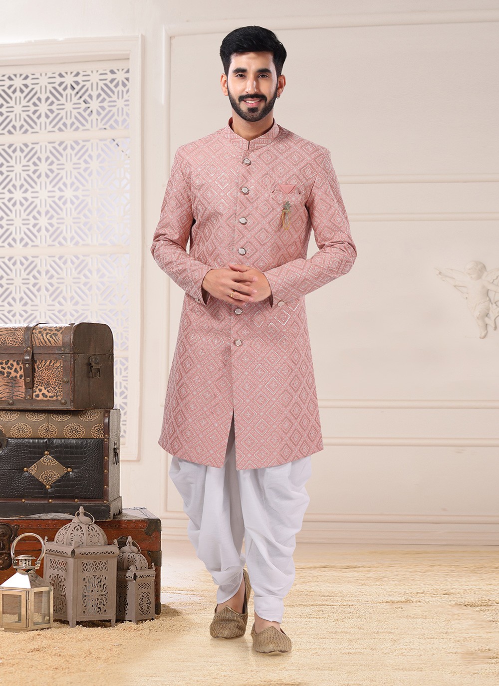 Buy Pink Silk Sequins Indo Western Sherwani Online