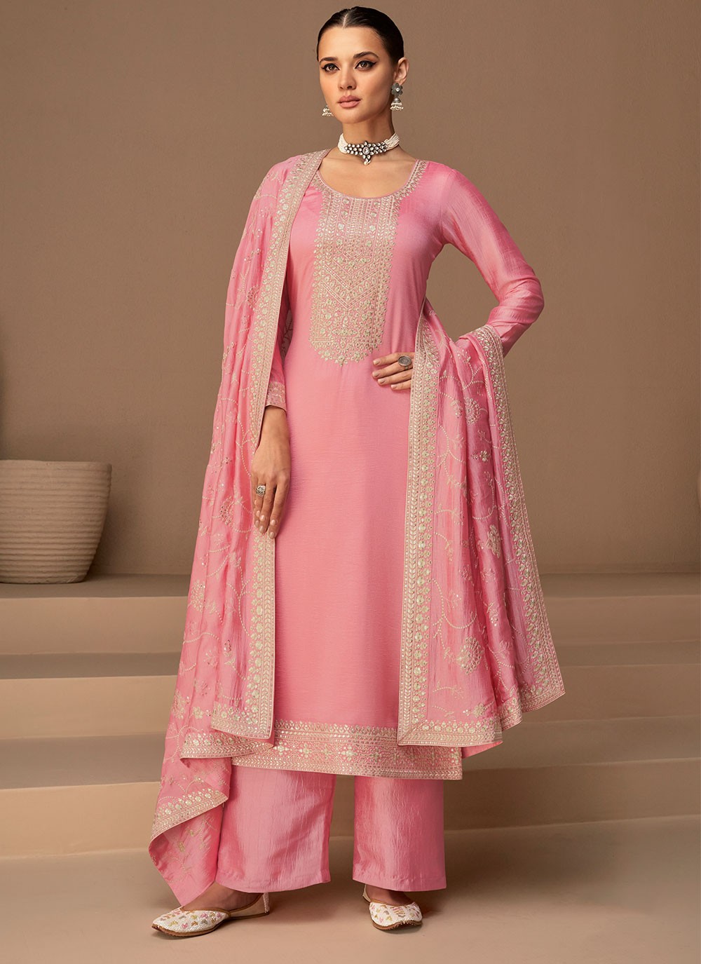 Pink Silk Straight Salwar Kameez