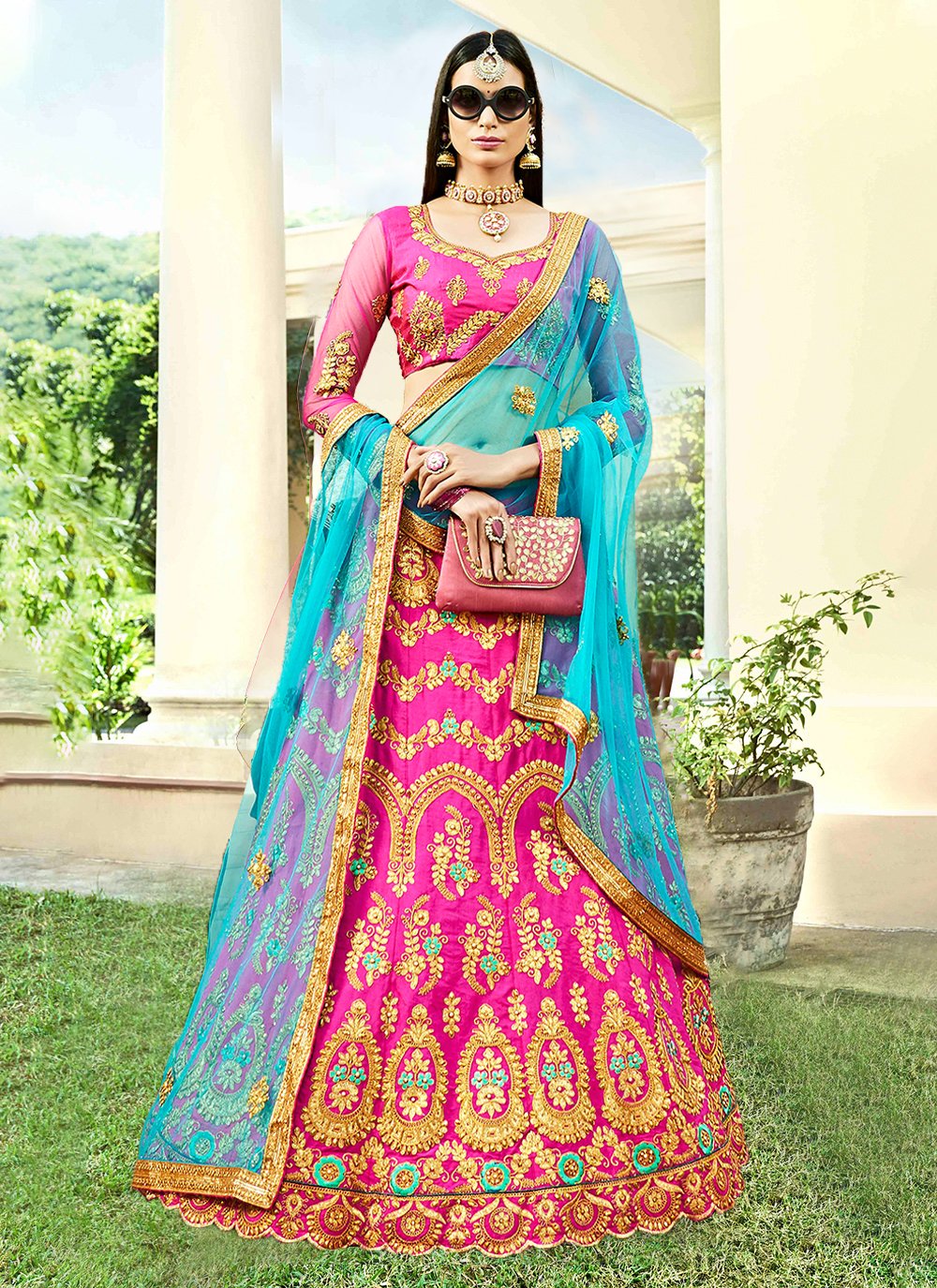 Pink Dori Embroidered Net Lehenga Choli 2665LG01