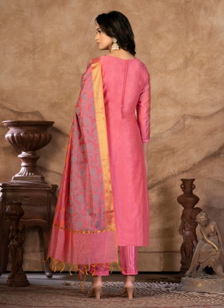Pink Woven Banarasi Silk Pant Style Suit