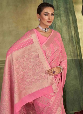 Pink Woven Work Silk Contemporary Saree