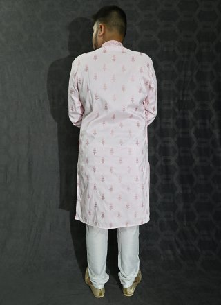 Piquant Pink Silk Kurta Pyjama with Embroidered, Sequins and Thread Work