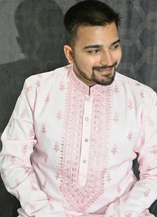 Piquant Pink Silk Kurta Pyjama with Embroidered, Sequins and Thread Work