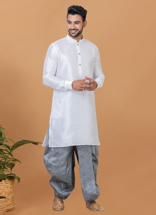 Plain Banarasi Silk Dhoti Kurta in White