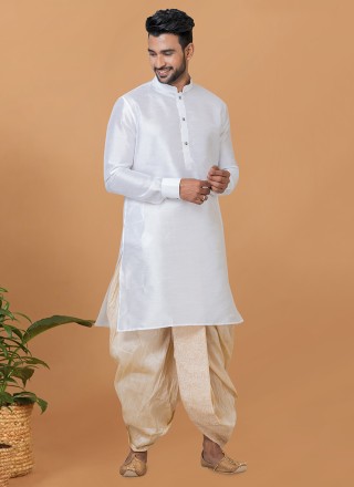 Plain Banarasi Silk Dhoti Kurta in White