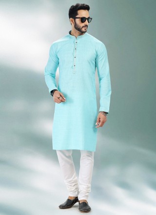 Plain Cotton Kurta Pyjama in Turquoise