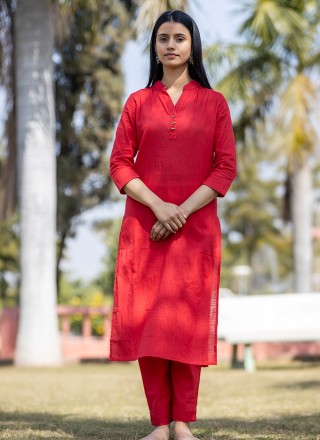 Plain Cotton Party Wear Kurti in Red
