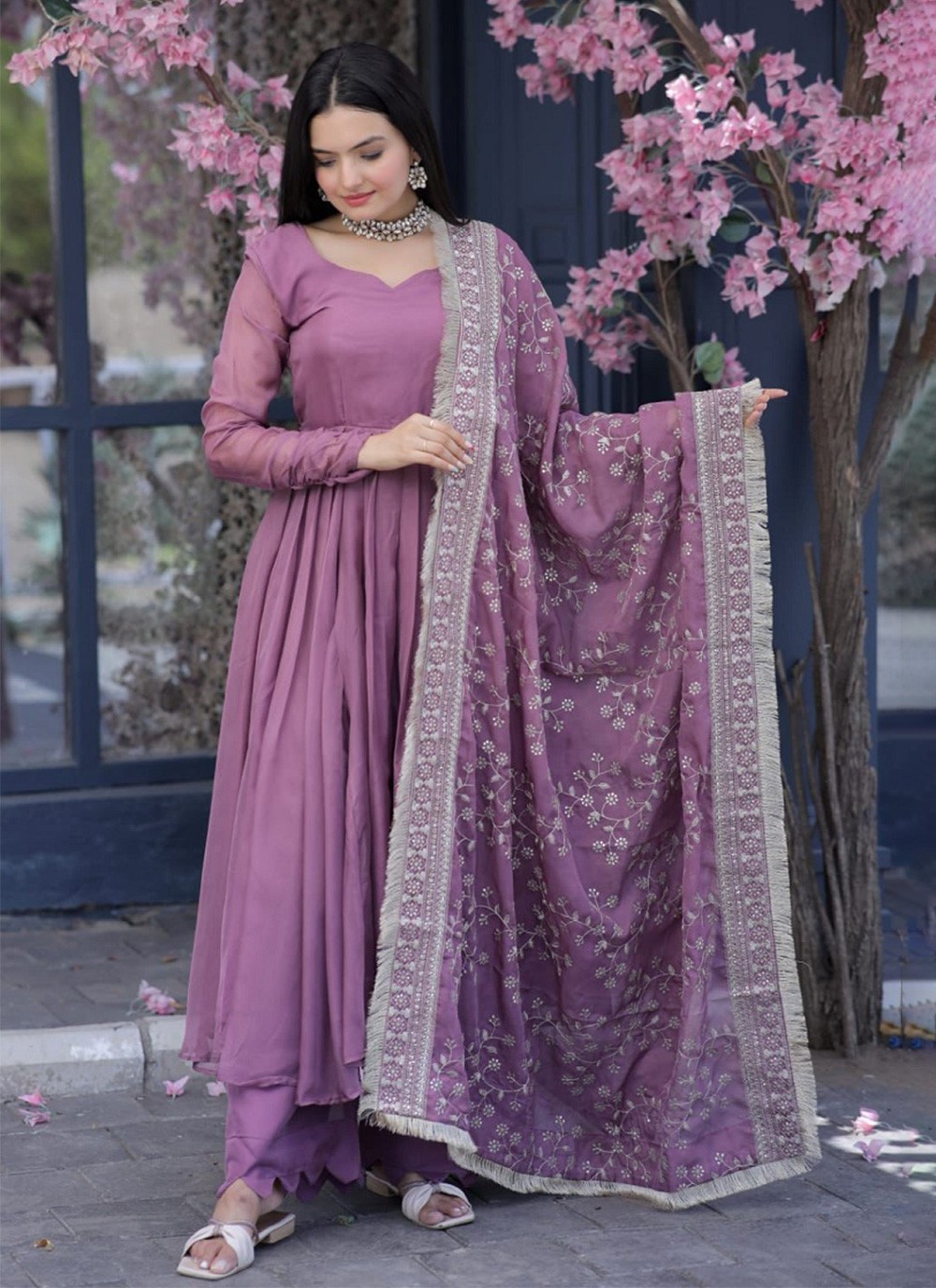 Lavender Salwar Suit in Georgette With Heavy Neck and Sequence Work in USA,  UK, Malaysia, South Africa, Dubai, Singapore