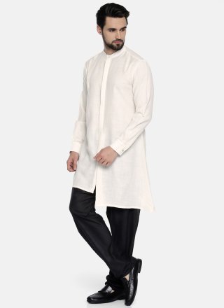 Plain Work Blended Cotton Kurta Pyjama In Off White